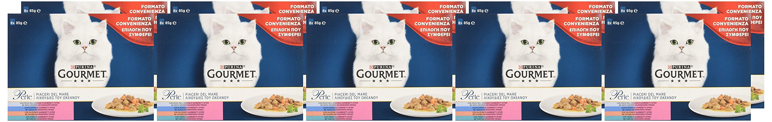GOURMET Perle mokra karma dla dorosłych kotów, przysmaki na morzu z rybą oceanową, płaskownica, łosoś, tuńczyk, 48 worków 85 g