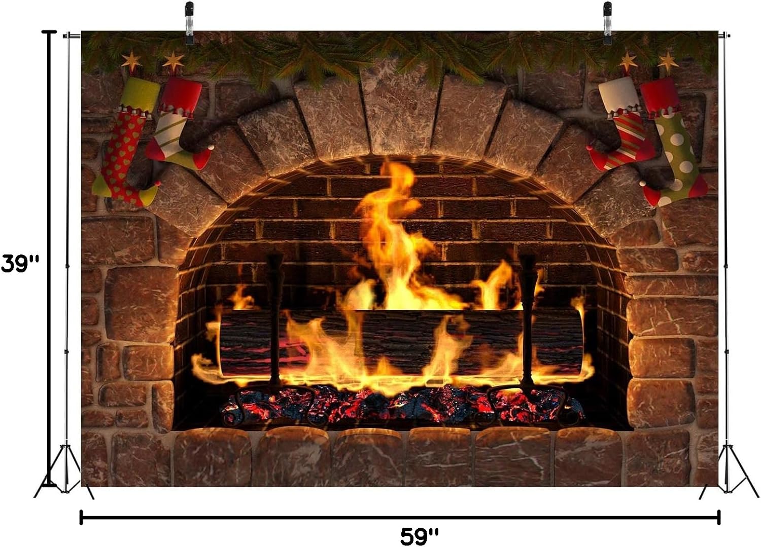 BELECO 5x3ft Fabric Christmas Fireplace Photography Backdrop Vintage Stone Fireplace Xmas Stocking Decorations Burning Firewoods Fireplace Background Winter Christmas Party Decorations Photo Props - Image 8