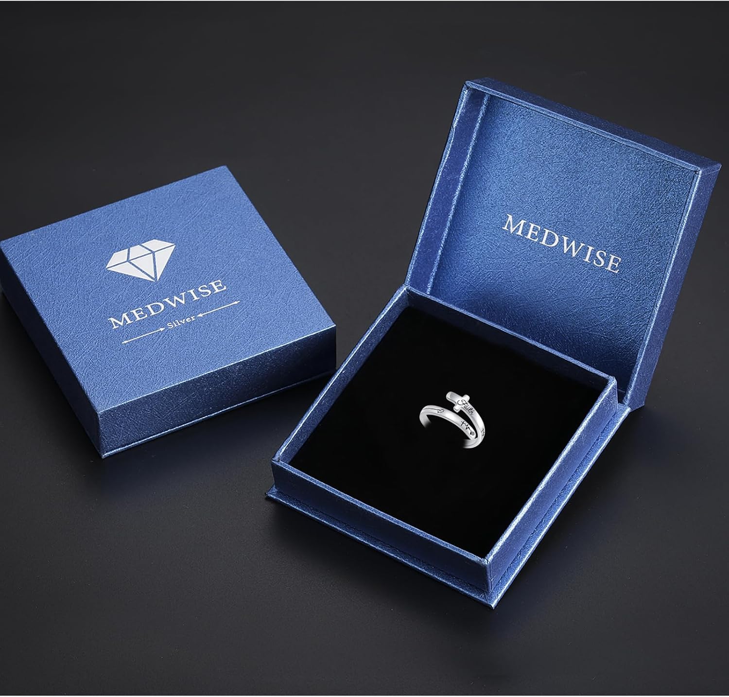 MEDWISE Sterling Silver Cross Ring for Women Christian Blessed Faith Ring Inspirational Encouragement Jewelry Statement Wrap Finger Open Adjustable Cross Heart Ring Gift for Couples