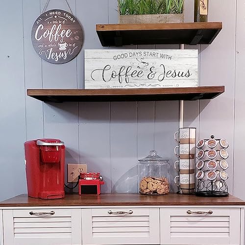Miniatura 5 de Letrero cristiano de café para decoración  Good Days Start with Coffee & Jesus  Placa de lona rústica para colgar en la pared del hogar, cocina,