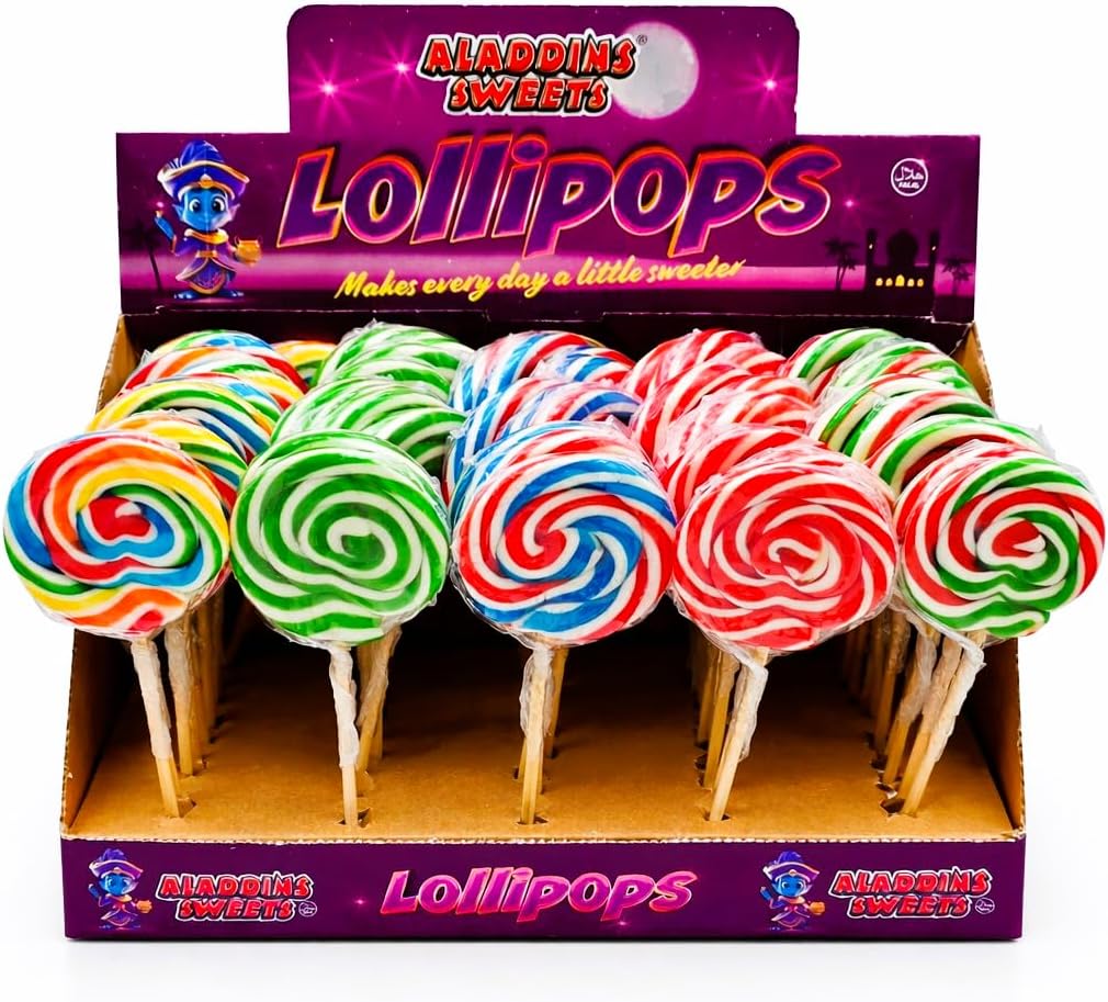 RONRON Lollipops 50 x 30g Round Rainbow Swirly Lollies. Cake Toppers, Kids Party Bags. Halal. Great Value. 30gram, Assorted