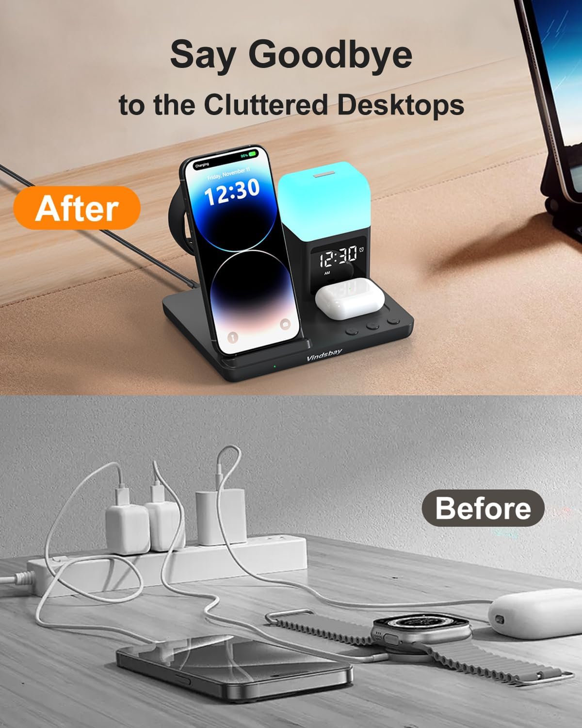 Wireless Charging Station Alarm Clock with 8 Touch Night Lights: 5 in 1 Charger Stand for Apple Devices - Charging Dock for iPhone 17 16 15 14 13 12 Pro Max Plus/Apple Watch/AirPods, Dimmable