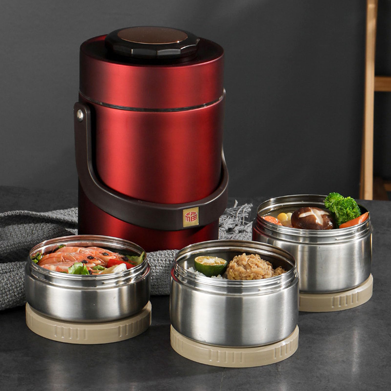 Cryfokt 3-lagige Isolierte Lunchbox aus Edelstahl 304, Auslaufsicherer Lebensmittelbehälter für Arbeitsreisen, Picknick – 1500 Ml Fassungsvermögen (Rot)