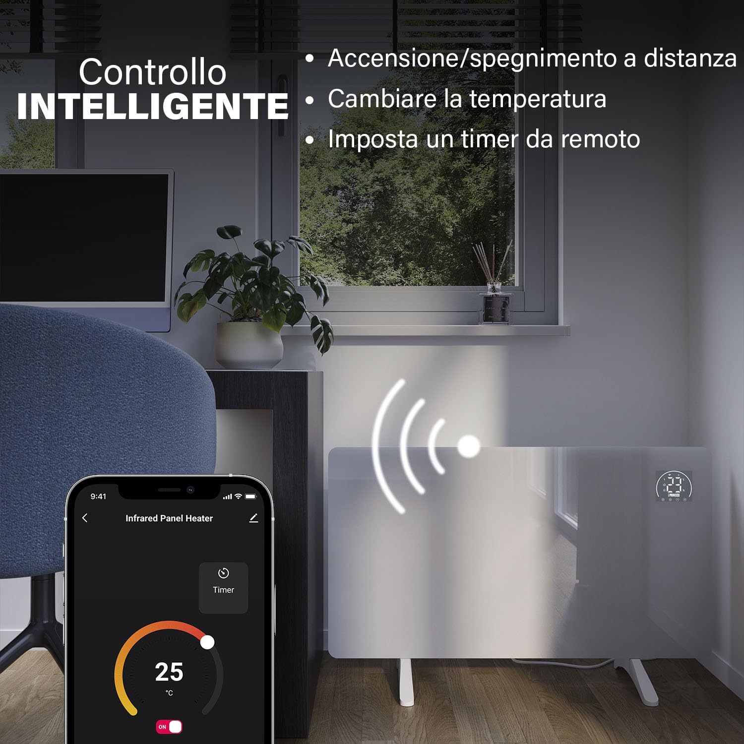 Princess Riscaldatore a infrarossi connettibile - Cristallo di carbonio - 480 W - Termostato regolabile fino a 50 °C - Timer 24 ore - Programmazione settimanale - Bianco o nero (Bianco)