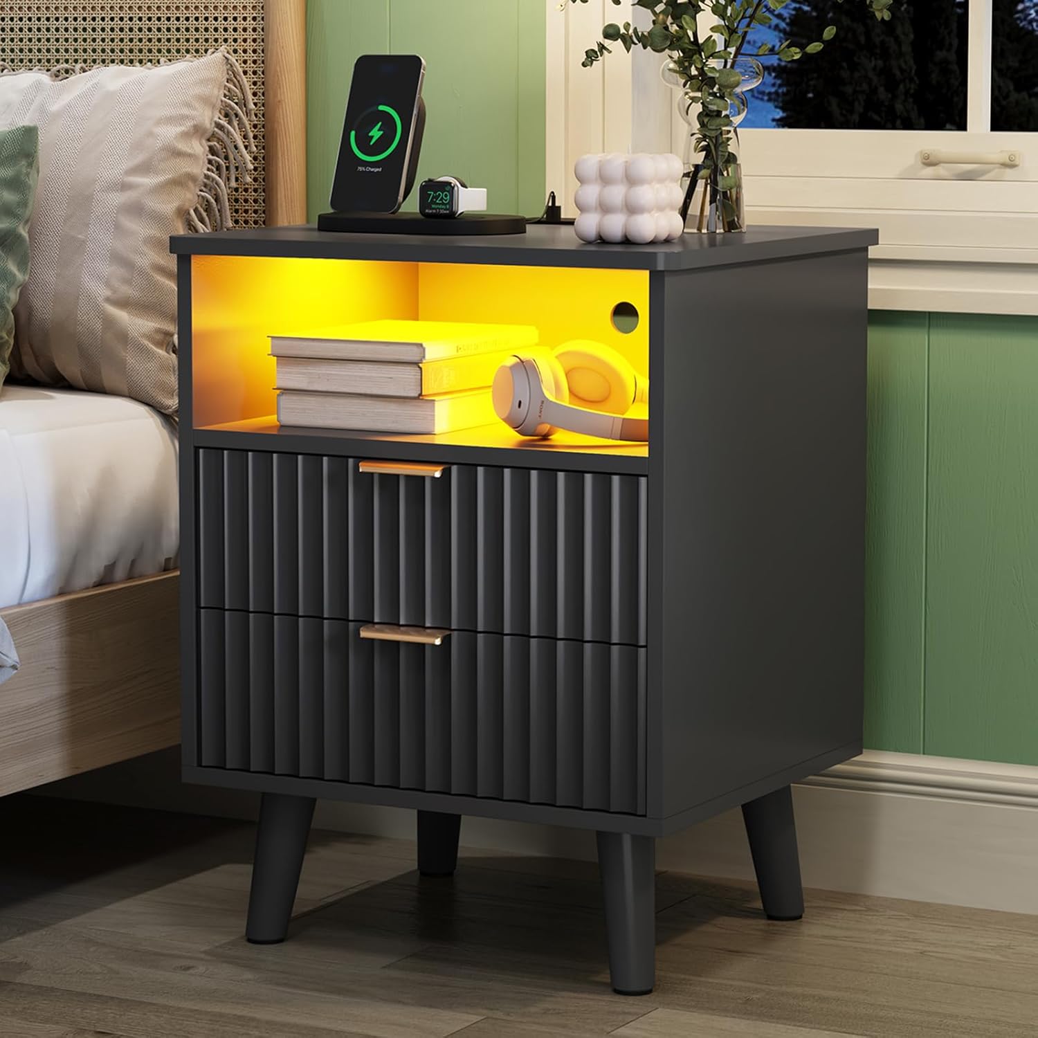 AOGLLATI Fluted Nightstand Set of 2 with Charging Station, Black LED Nightstand with 2 Drawers and Open Storage Cubby, Modern Bedside Table with LED Lights & Metal Handle for Bedroom