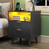 AOGLLATI Night Stand with Charging Station and Fluted Panel, 2 Drawers Black Nightstand with LED Lights and Open Storage Cubby, Modern LED Bedside Table with Metal Handle for Bedroom