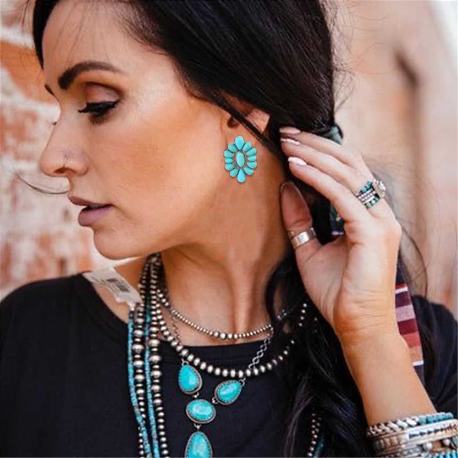 Bohemian Western Natural Turquoise Jewelry Set for Women Handmade Y-shaped Necklace Vintage Cowgirls Silver Geometric Flower Earrings Boho Ethnic Bracelet Trendy Gifts