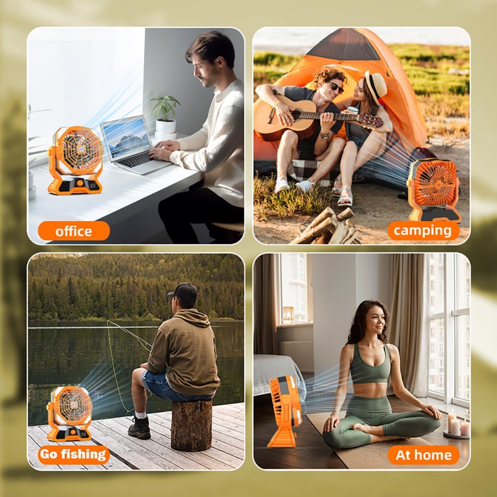 Portable Camping Fan with LED Light, 20000mAh Rechargeable Battery | Dual - Blade, 4 - Level Brightness, Quiet Operation | Ideal for Outdoor Camping, Home, Office, Fishing(Orange)