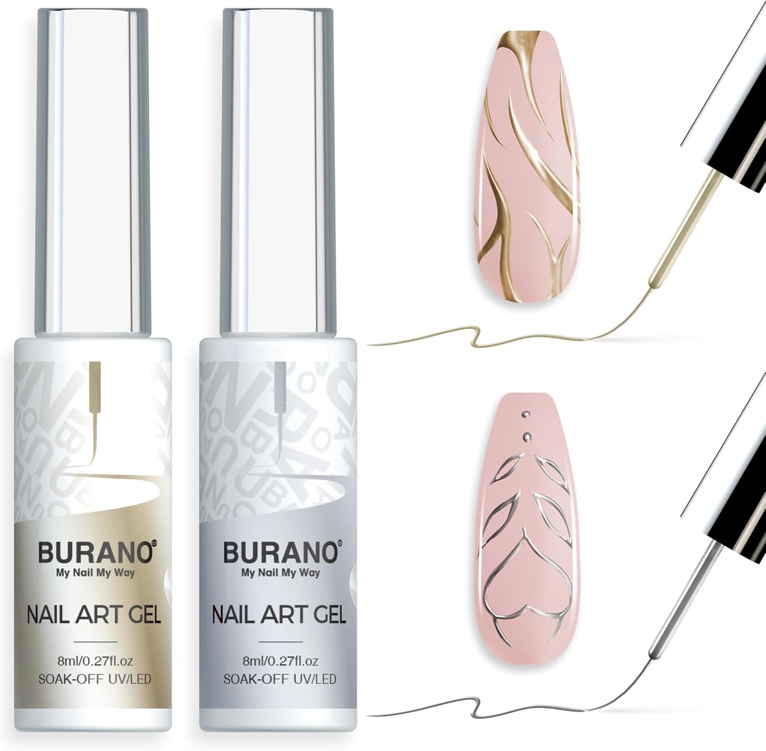 BURANO Gel Nail Polish 10ml, 2 Bottle Silver Gold Metallic Liner UV LED Gellack Gel Polish, 3D Painted Mirror Chrome Liner Nail Polish Nail Art Manicure Pedicure BURANO Gel Nail Polish 10ml, 2 Bottle Silver Gold Metallic Liner UV LED Gellack Gel Polish, 3D Painted Mirror Chrome Liner Nail Polish Nail Art Manicure Pedicure