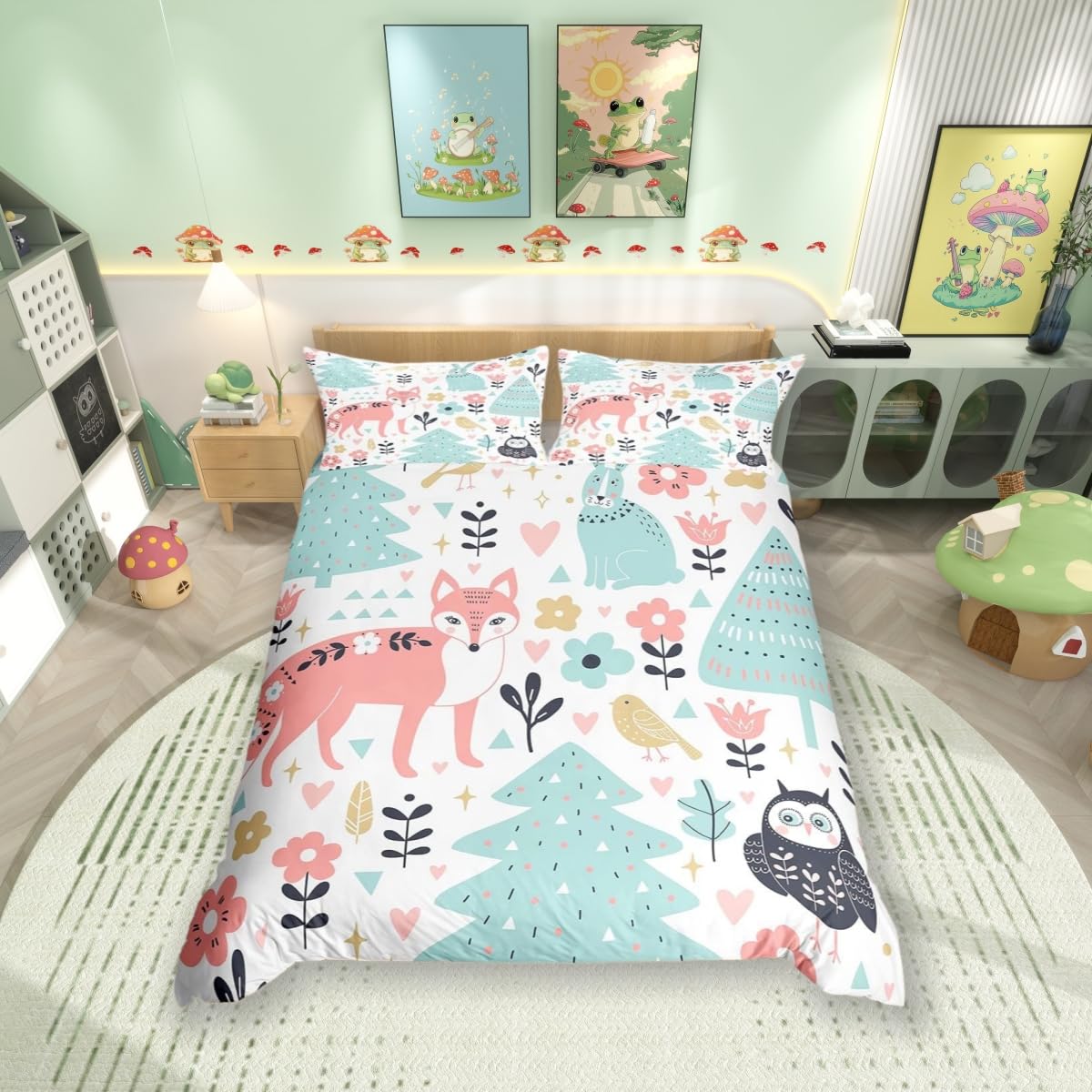 feelingyou Cute Animals Duvet Cover Double Size,Cartoon Fox Rabbit Owl Bird Comforter Cover for Adults Kids Bedroom Decor,Flower Trees Soft Polyester Decorative Bedding Set 2 Pillowcases,No Comforter