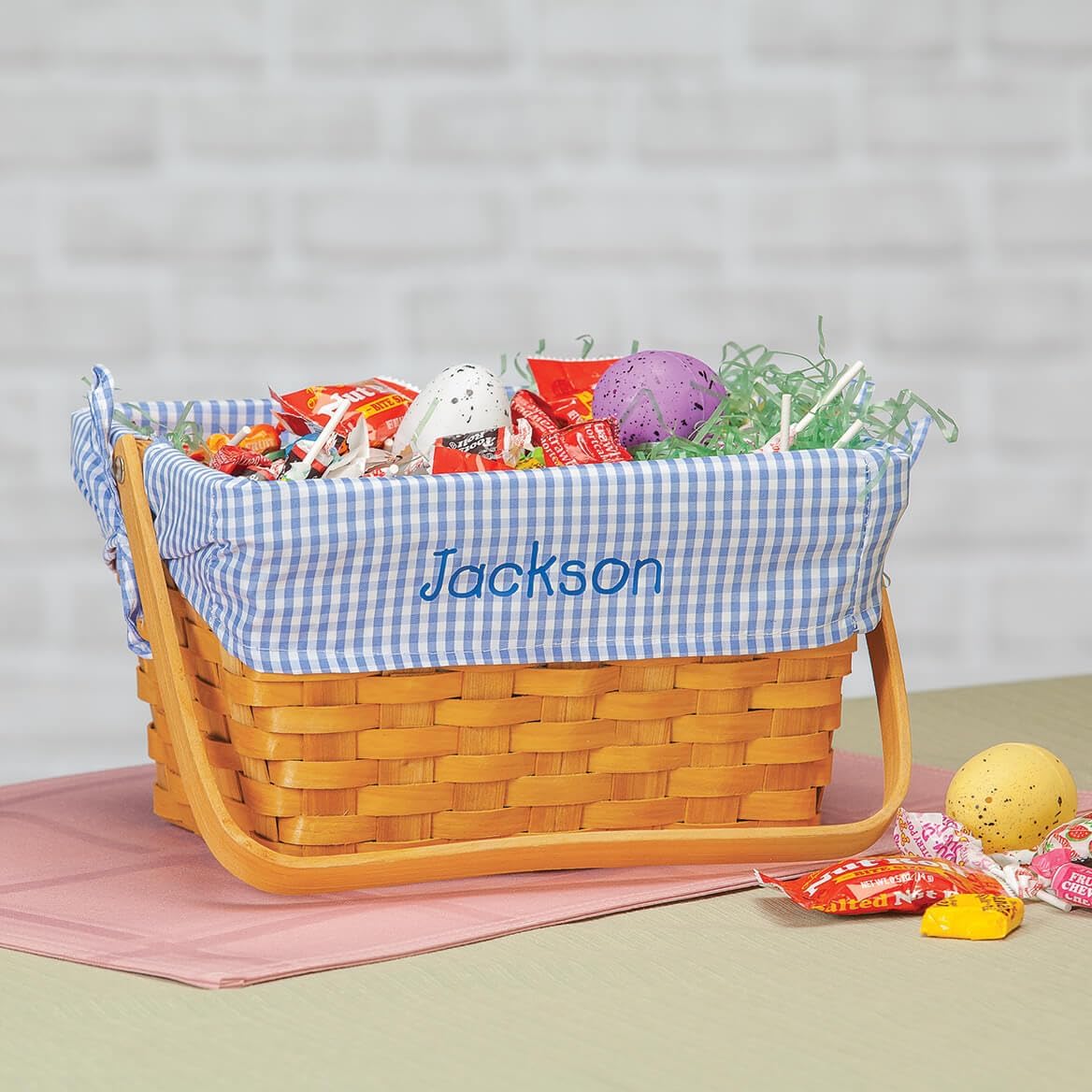 Custom Blue Gingham Wicker Easter Basket