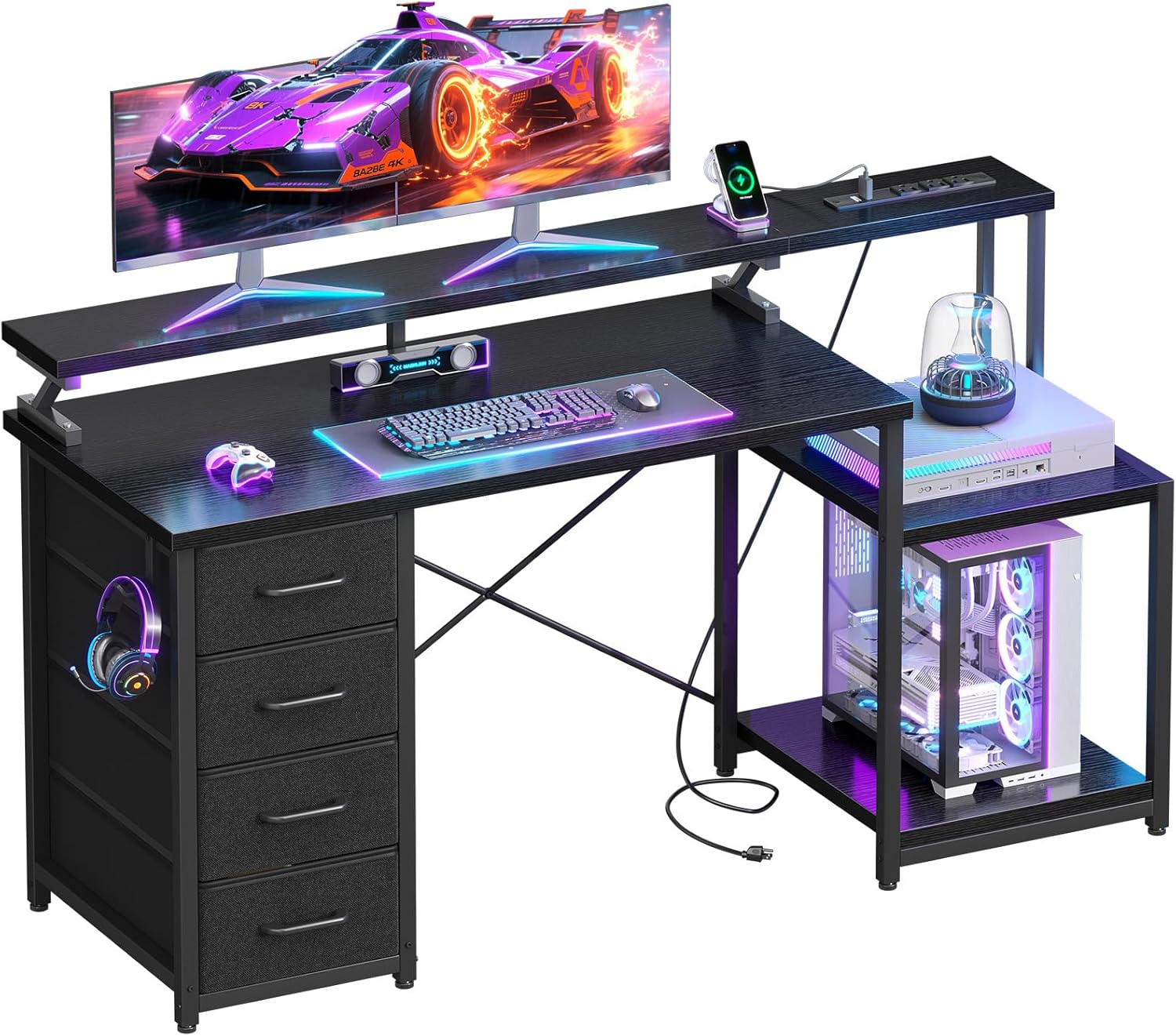 ODK 55 Inch Computer Gaming Desk with Power Outlets & 4 Drawers, Home Office Desk with Monitor Stand & Printer Shelves, Black