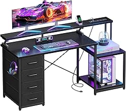 ODK 55 Inch Computer Gaming Desk with Power Outlets & 4 Drawers, Home Office Desk with Monitor Stand & Printer Shelves, Black