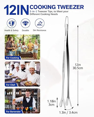 Miniatura 4 de Pinzas de cocina de doble punta, pinzas de cocina profesionales 2 en 1 de acero inoxidable 2 en 1 para cocinar, reparar, mariscos, barbacoa,