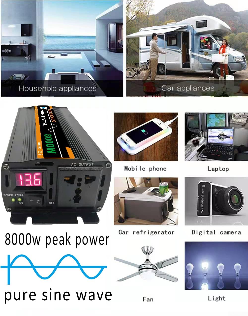 Inverter di potenza a onda sinusoidale pura da 8000 W, CC 12 V o 24 V a CA 220 V, per pannello solare, per casa, attività all'aperto, camper o campeggio (24 V 220 V)