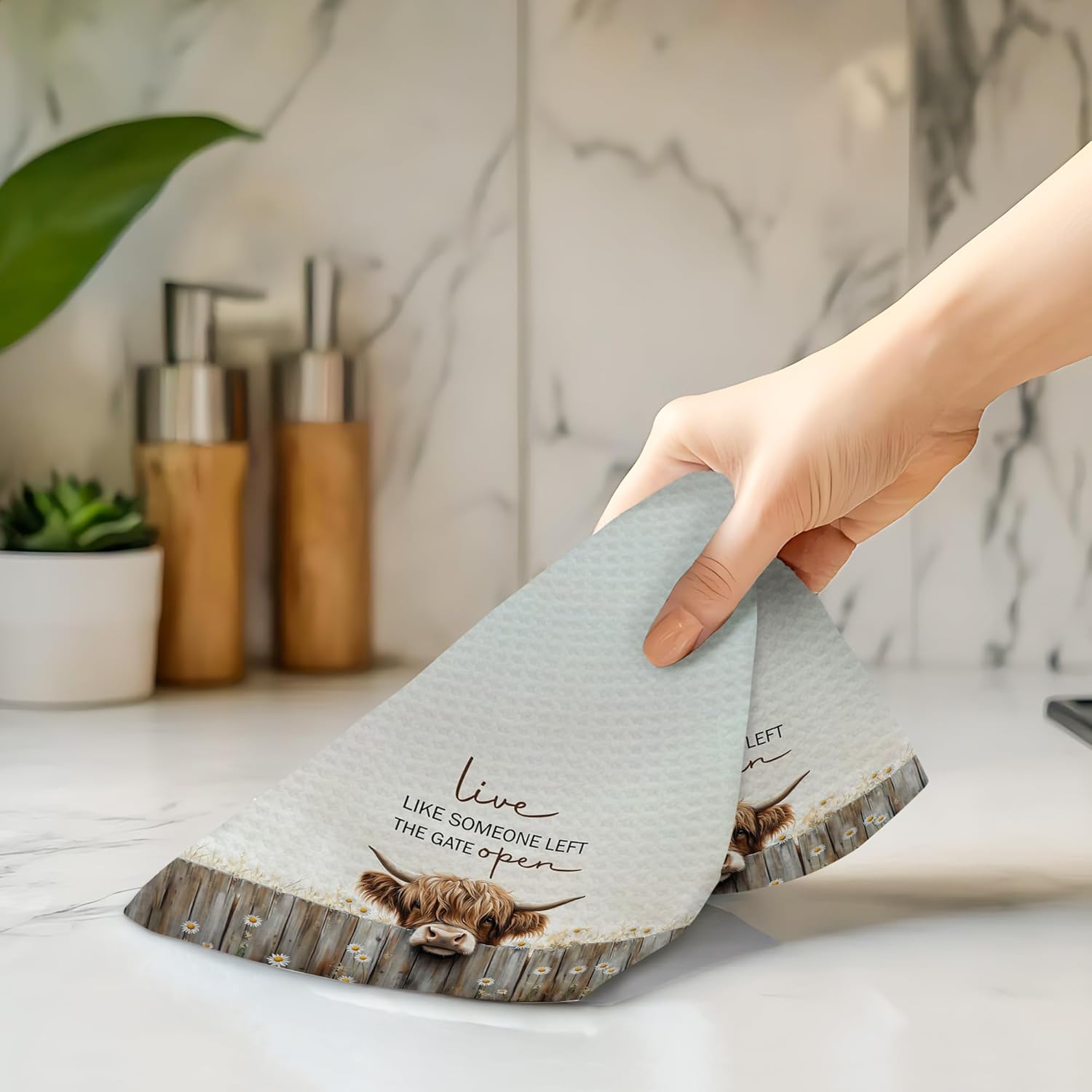 Farmhouse Highland Western Cow Kitchen Towels, Live Like Someone Left The Gate Open Rustic Hand Towels for Bathroom Decor, Cow Lover Gifts Dishcloths Dish Towel for Kitchen 16x24 Inches - Image 5