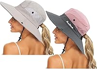 Vista 29 de Sombrero de sol de verano para mujer, cola de caballo – Protección UV de malla de ala ancha plegable con agujero para cola de caballo Beige