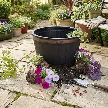 Shop4allsorts Small Round Barrel Planter - Oakwood Effect Plastic Half Barrel Plant Pot - Garden Patio Planter - 37cm x 25cm