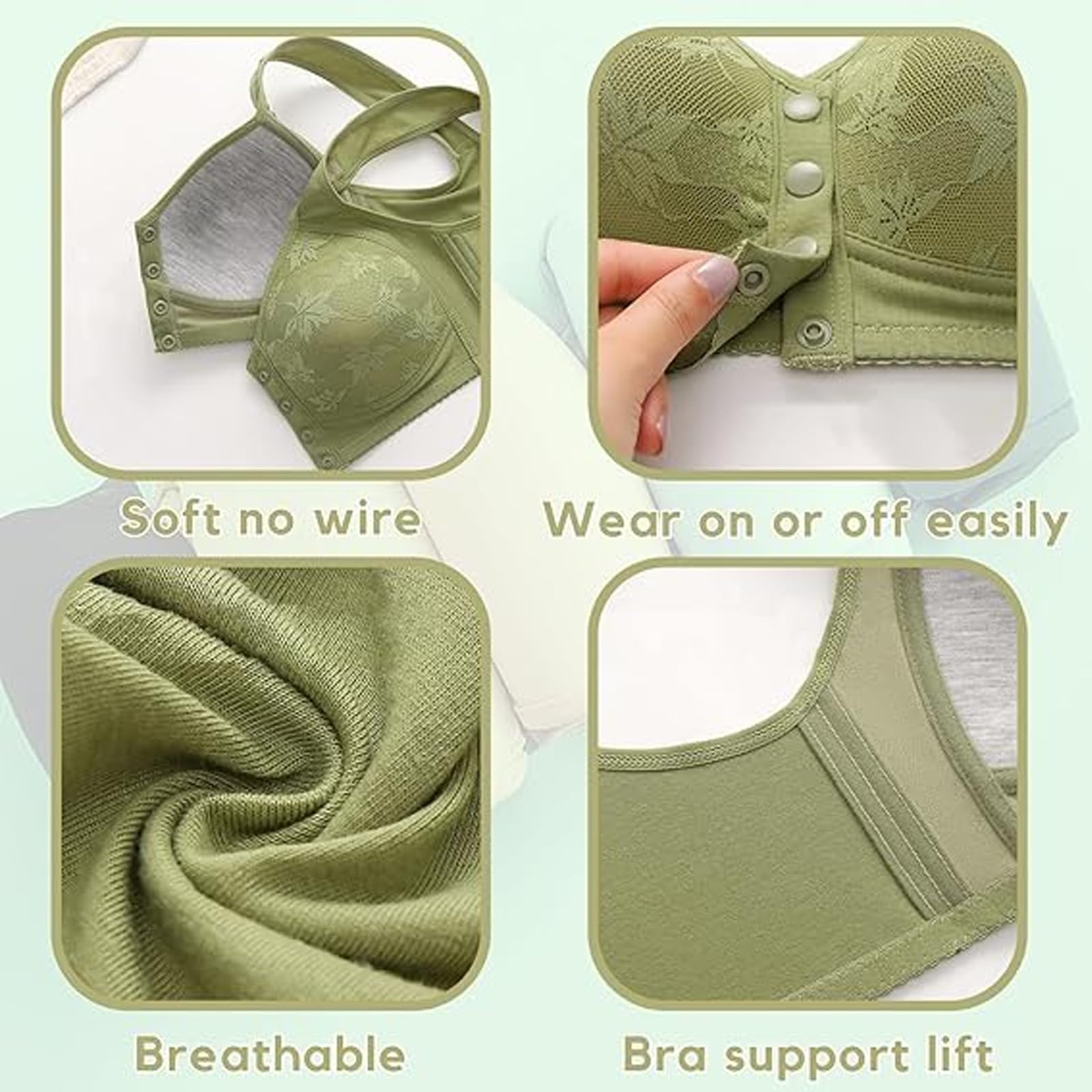 3 Pack Women's Front Closure Bras, Daisy Wide Straps Lace, No Underwire, Comfort Wireless Snap Closing Bra