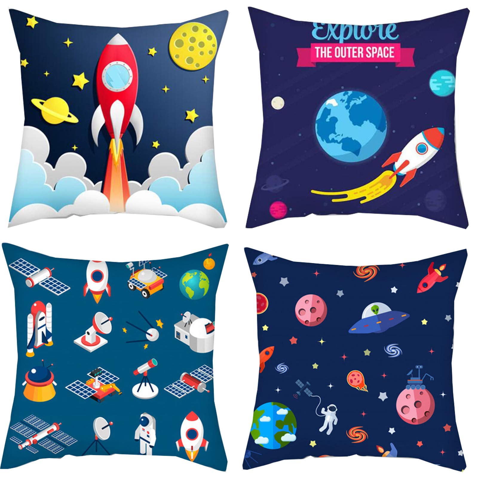Child Cushion Covers - Rocket Theme Throw Pillow Covers Space Cushions Decorative for Sofas,Beds,Car,Set Of 4,18x18inch