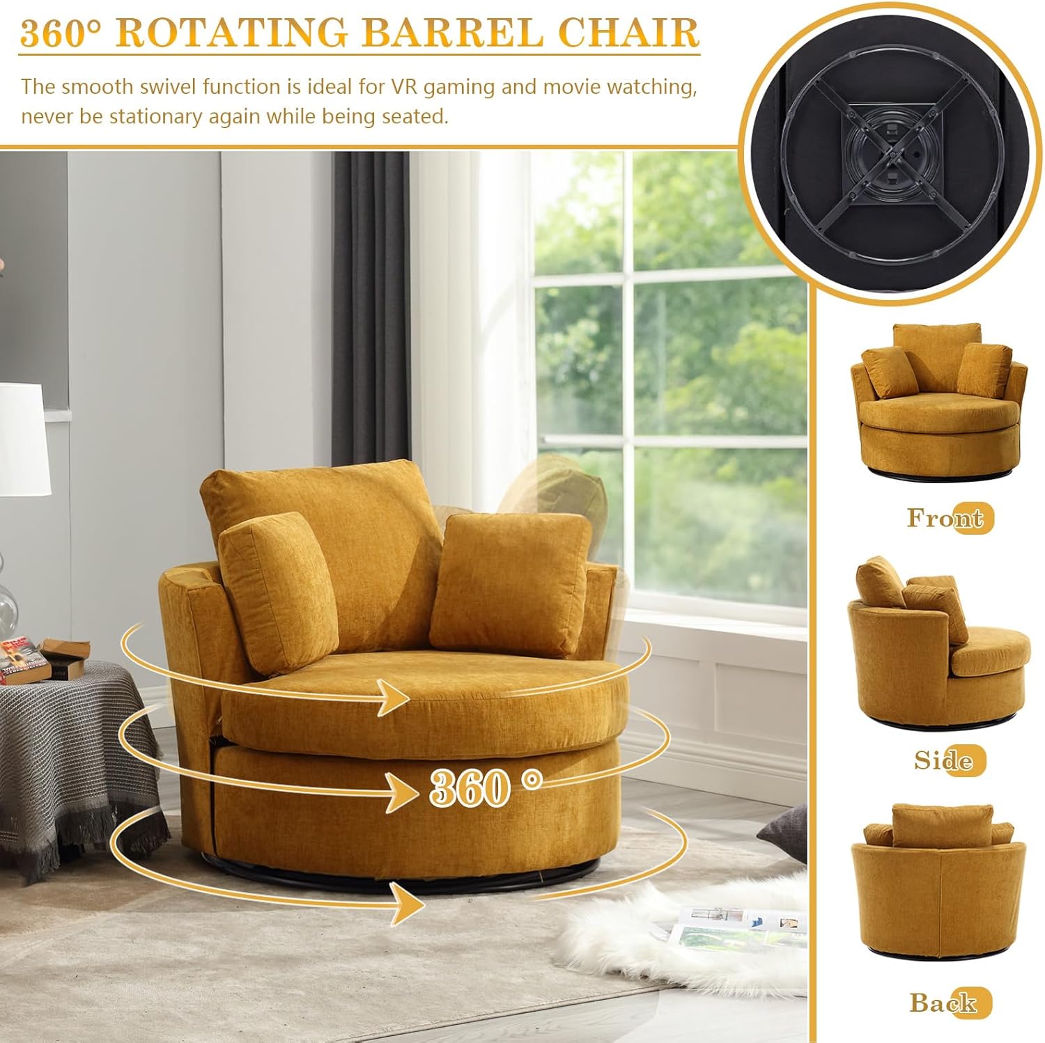 Swivel Barrel Chair Set of 2, Modern Chenille Fabric Oversized 360 Degree Club Accent Arm Chairs, Single Round Living Room Sofa Chair w/ 3 Pillows for Nursery, Bedroom, Reading, Office, Yellow