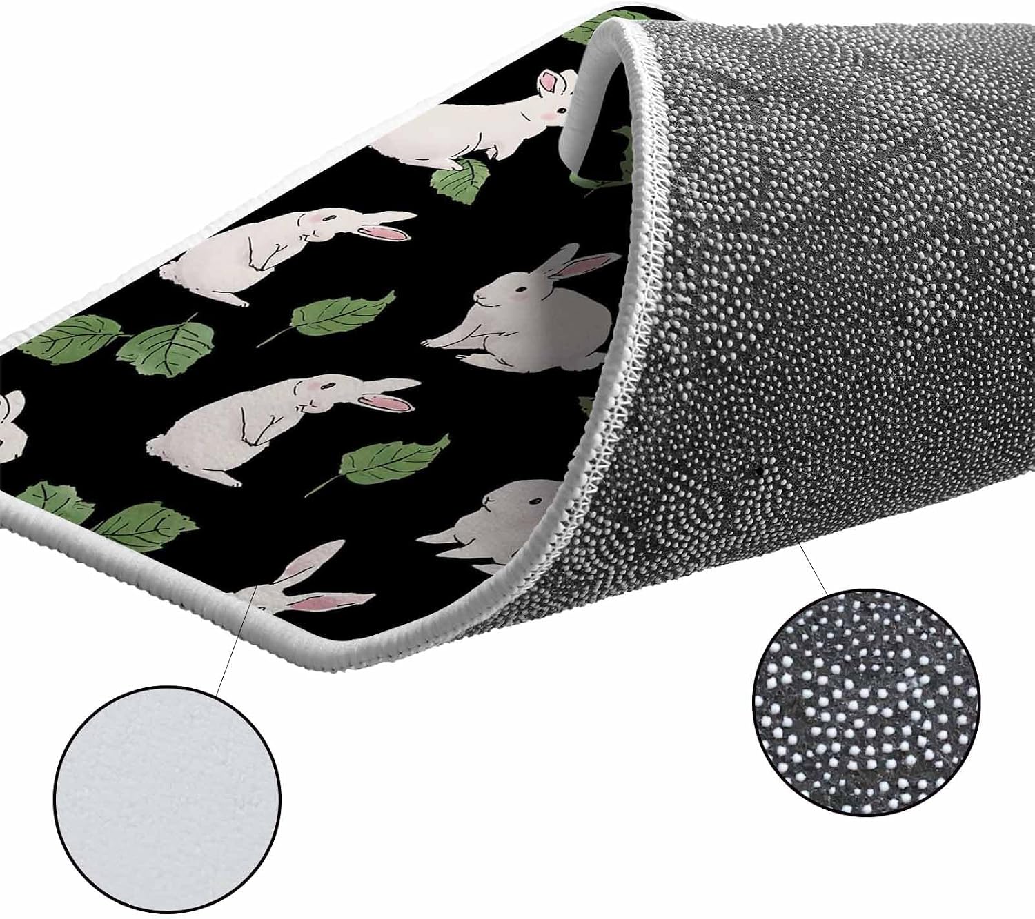 Cute Rabbits Kitchen Rugs and Mats Set of 2, Non-Slip Kitchen Sink Mat, Country Leaves Plants Cartoon Bunny Black Washable Doormat Bathroom Rugs Runner for Bedroom/Living Room 17.7"x30"+17.7"x47.2"