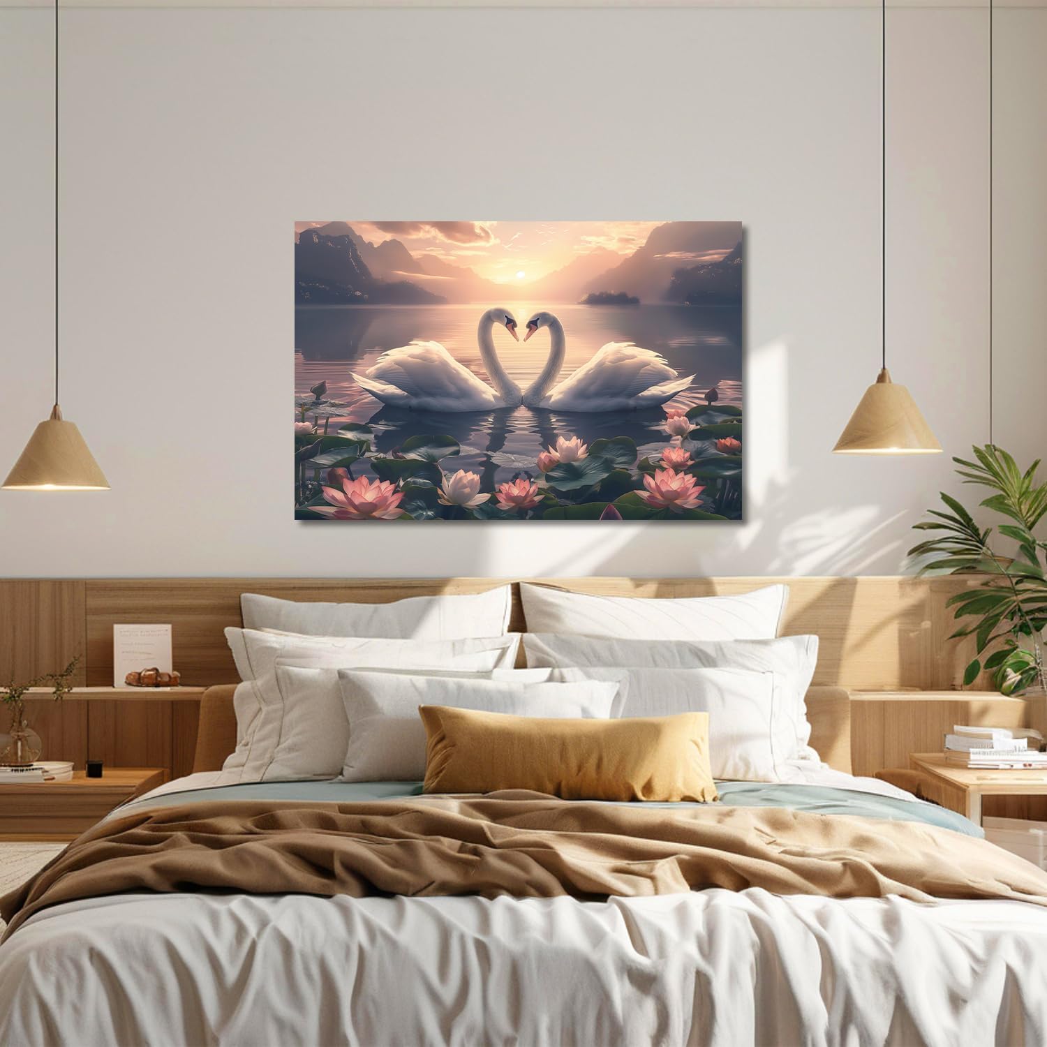 Swan Decor Wall Art Lovers Swan on Lake Picture Lotus Flower Painting Sunset Landscape Canvas Prints for Bathroom Living Room Wall Decor Framed - 12.00"x18.00"