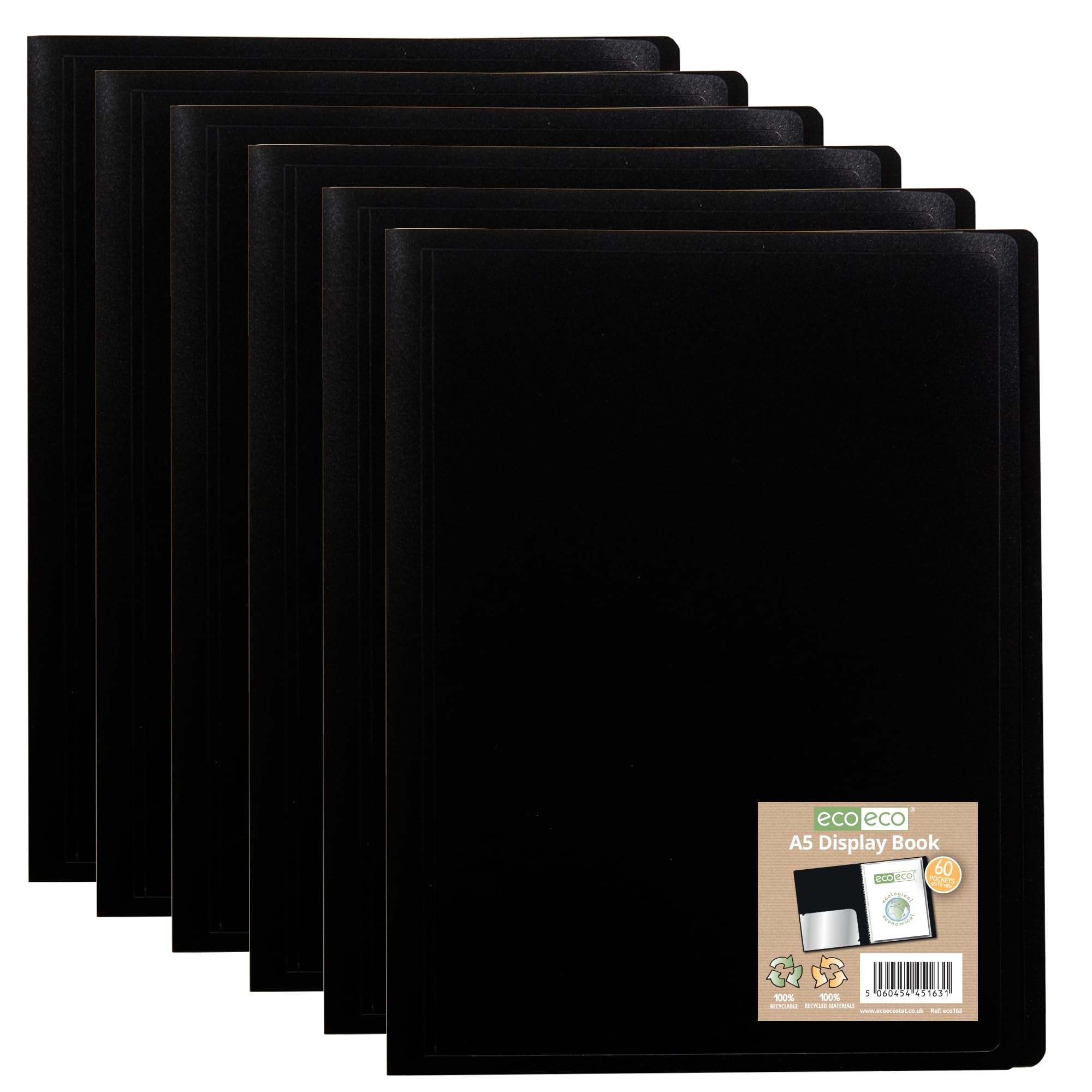 eco-eco A5 100% Recycled 60 Pocket Black Flexible Cover Portfolio Book Folder Display Book, Pack of 6 Folders, eco163x6