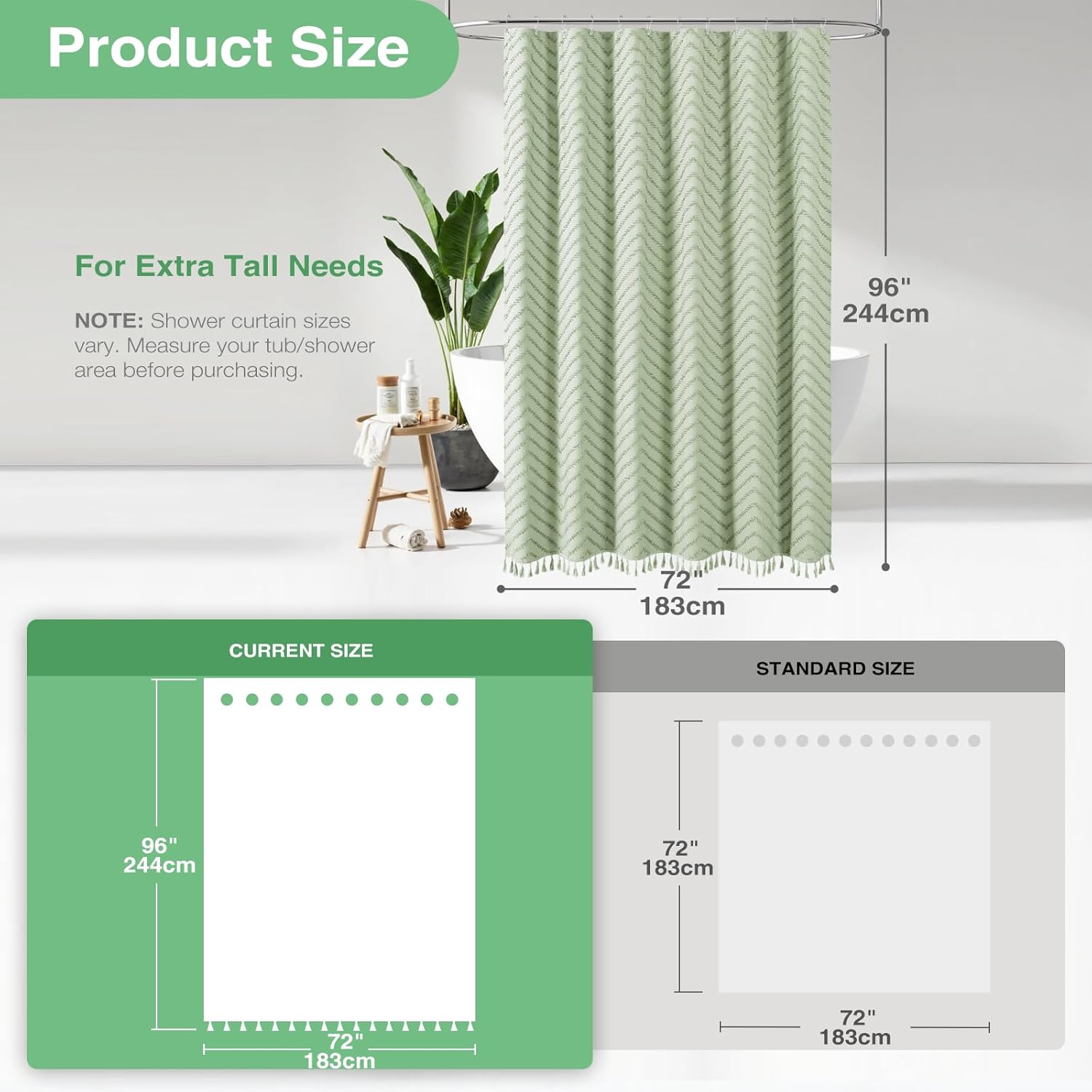 Dynamene Extra Long Shower Curtain and Liner Set - 96 inch Tall Boho Shower Curtain and Waterproof Clear Liner, Tufted Chevron Striped Tassel Shower Curtains for Bathroom, 12 Hooks, 72x96, Sage Green