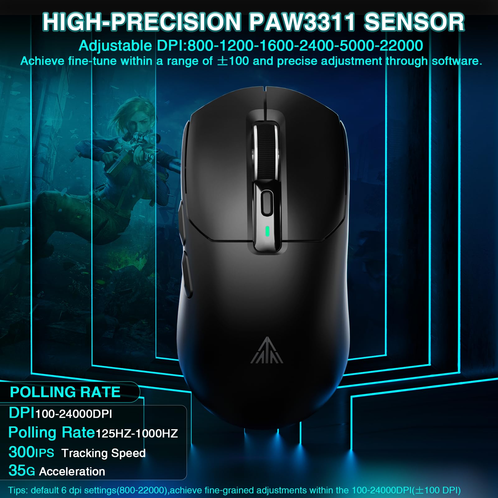 SM820 Wireless Gaming Mouse with RGB Charging Dock,24000 DPI Tri-Modes Wireless Mouse with 2 Side Buttons,Programmable Macro Mouse for Gaming(Black)