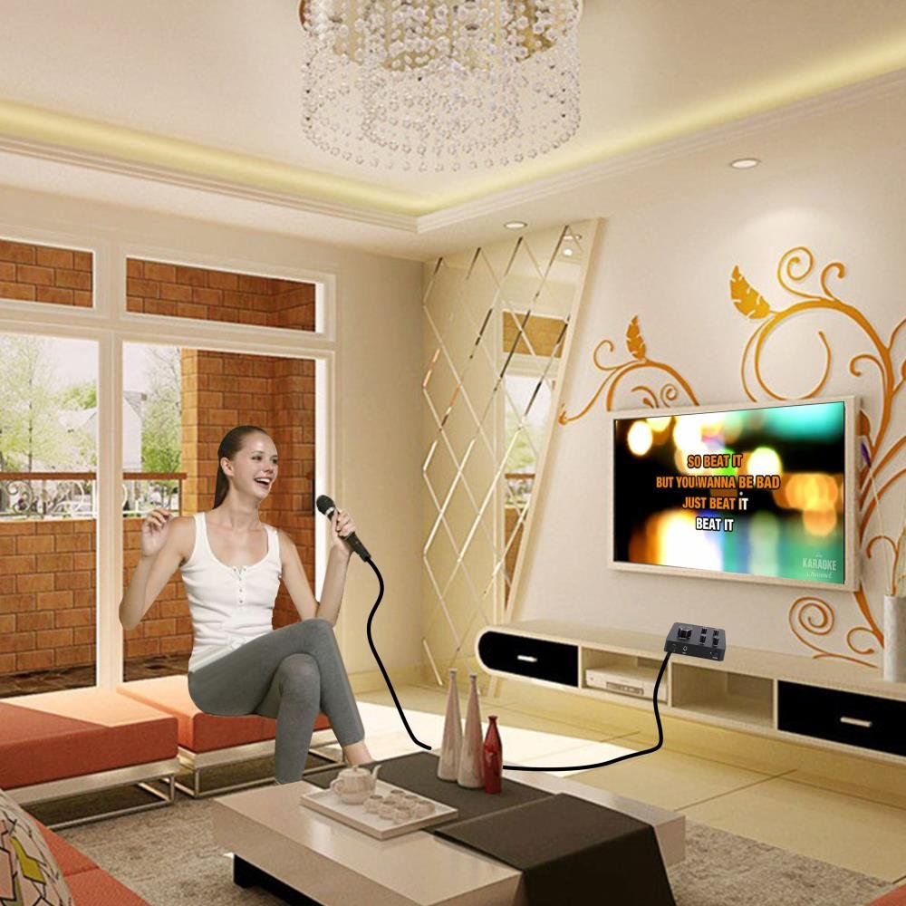 Family enjoying karaoke with Pyle PDWMKRHD20 mixer connected to a TV