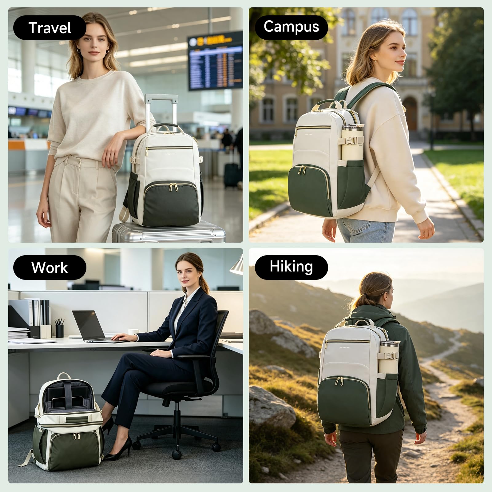 VANKEAN Zaino per computer portatile da donna con tasca gigante per bicchiere, 43,9 cm, per scuola, università, insegnante, zaino impermeabile, da lavoro, viaggio, borsa per computer portatile, beige