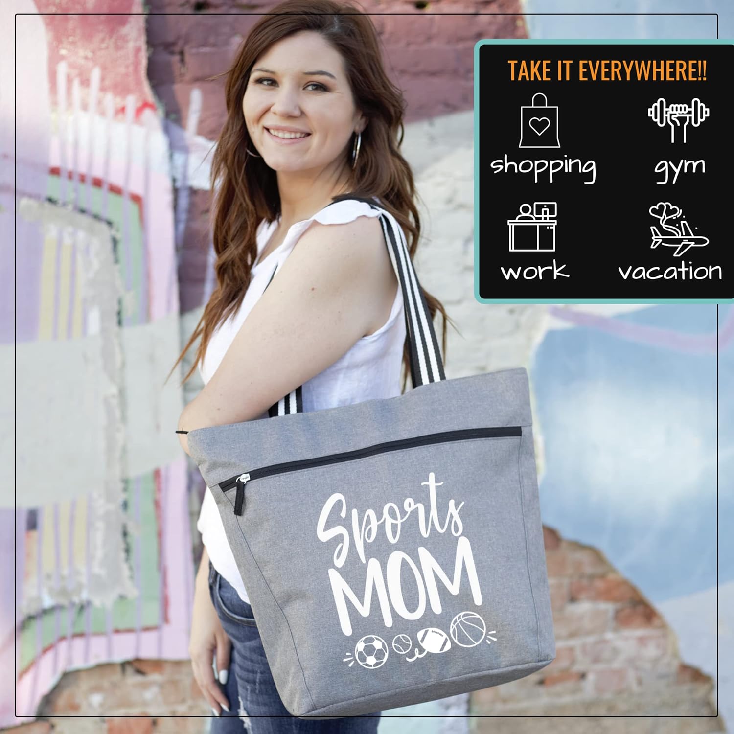 Brooke & Jess Designs Sports Mom Large Zippered Tote Bag with Pockets for Women
