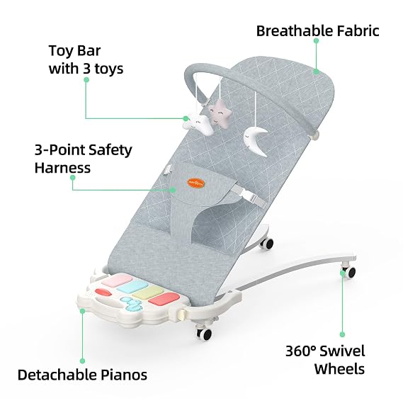 Portable Baby Bouncer Seat 0-18 Months,Detachable Piano & Hanging Toys,3-Level Recline (Rock/Fix),Foldable with Quiet Wheels,Baby Shower