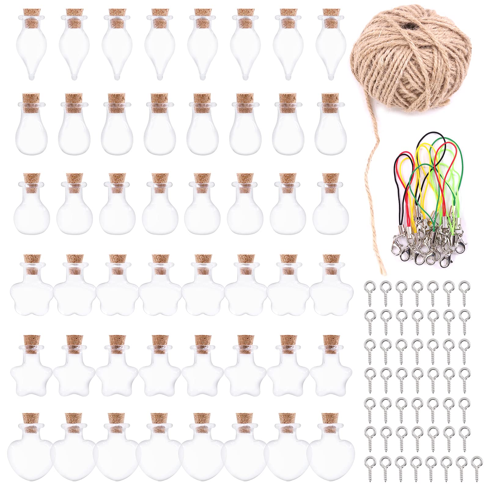 Wokape 48Pcs 6 Styles Mini Clear Glass Jars Bottles with 48pcs Cork Stoppers, 50Pcs Eye Screws, 20Pcs Lariat Cord Strap and 33 Yards Twine, Decorative Bottles for Arts Crafts Projects Party
