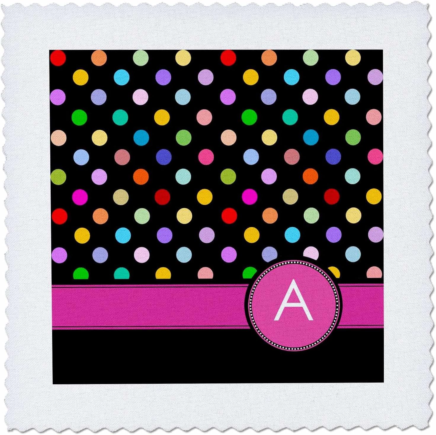 3dRose Letter A Monogrammed on Rainbow Polka dots Pattern with hot Pink Personal Initial - Girly Multicolor 25x25 inch Quilt Square