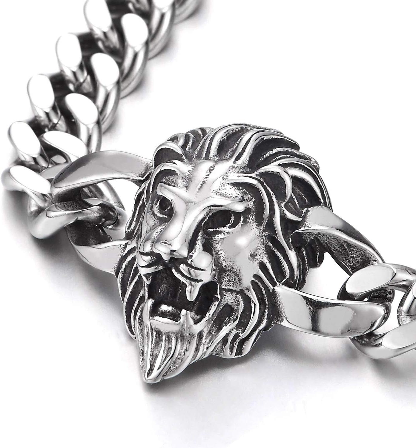 COOLSTEELANDBEYOND Heavy and Study Mens Biker Stainless Steel Lion Head Curb Chain Bracelet, Polished, Punk Rock - Image 4
