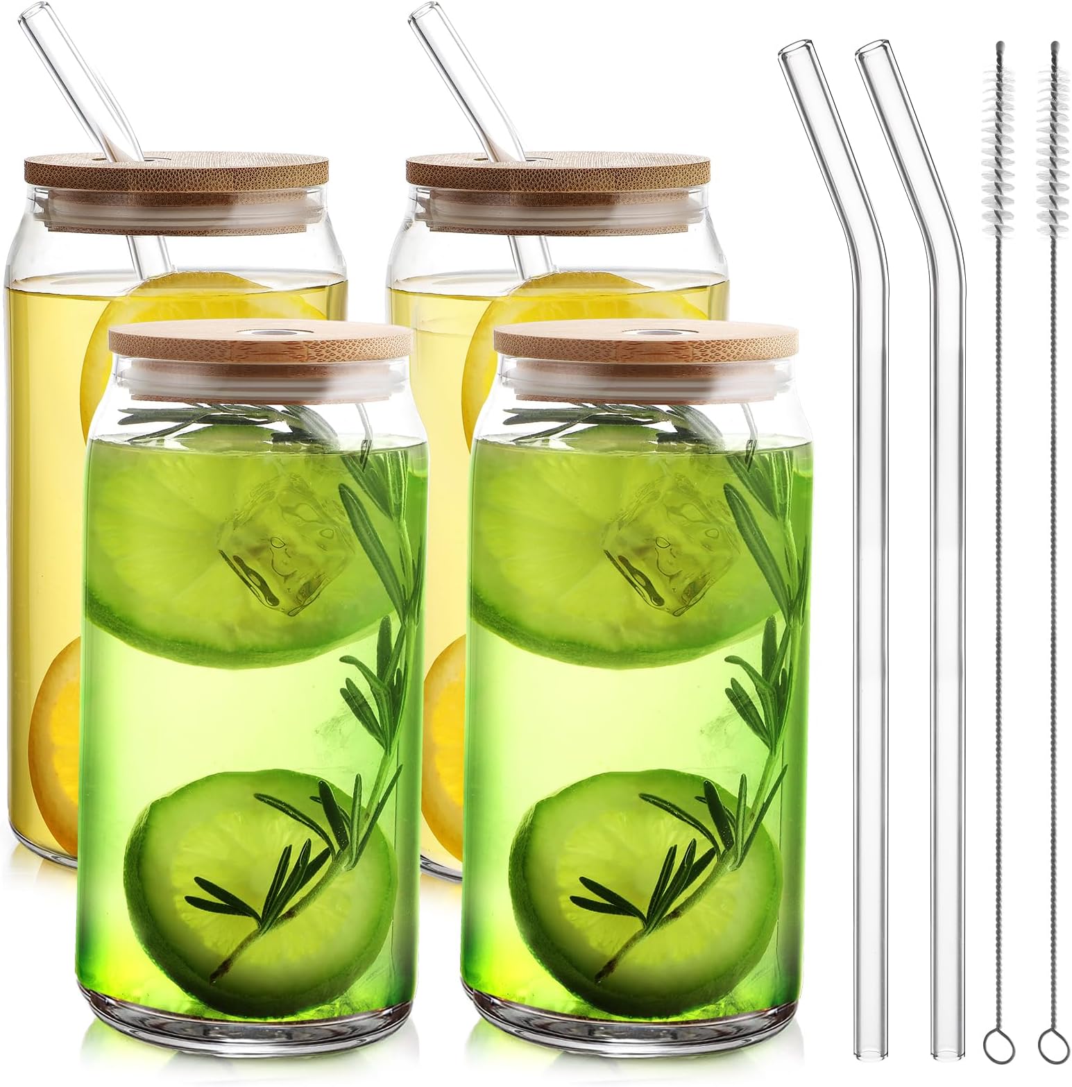 Amazon.com | Drinking Glasses with Bamboo Lids and Glass Straw 4pcs Set ...