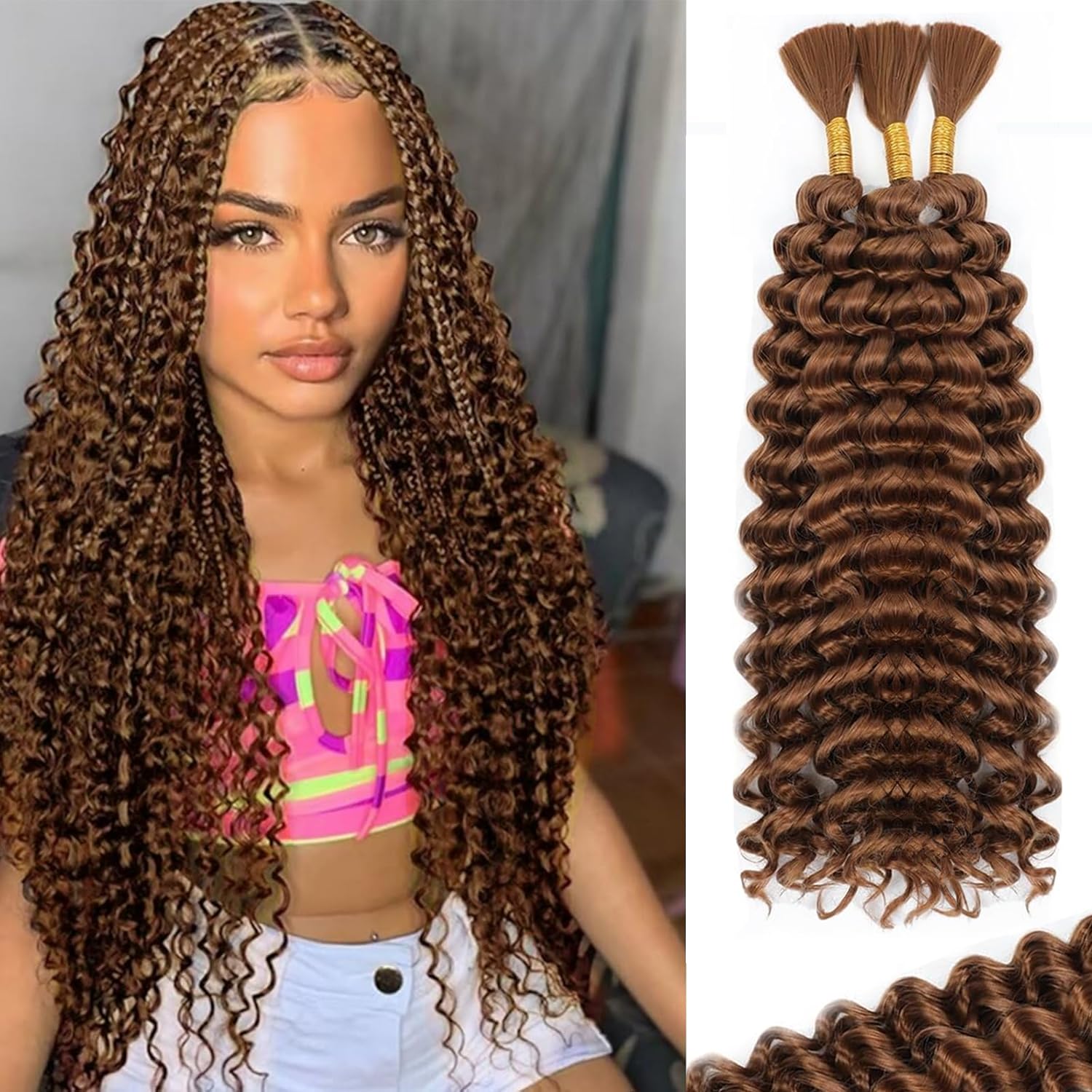 Human Braiding Hair for Boho Braids Human 110g 24 Inch Curly Boho Hair for Braiding Knotless 12A Deep Wave Bulk Bohemian 3 Bundles/Pack (30#)