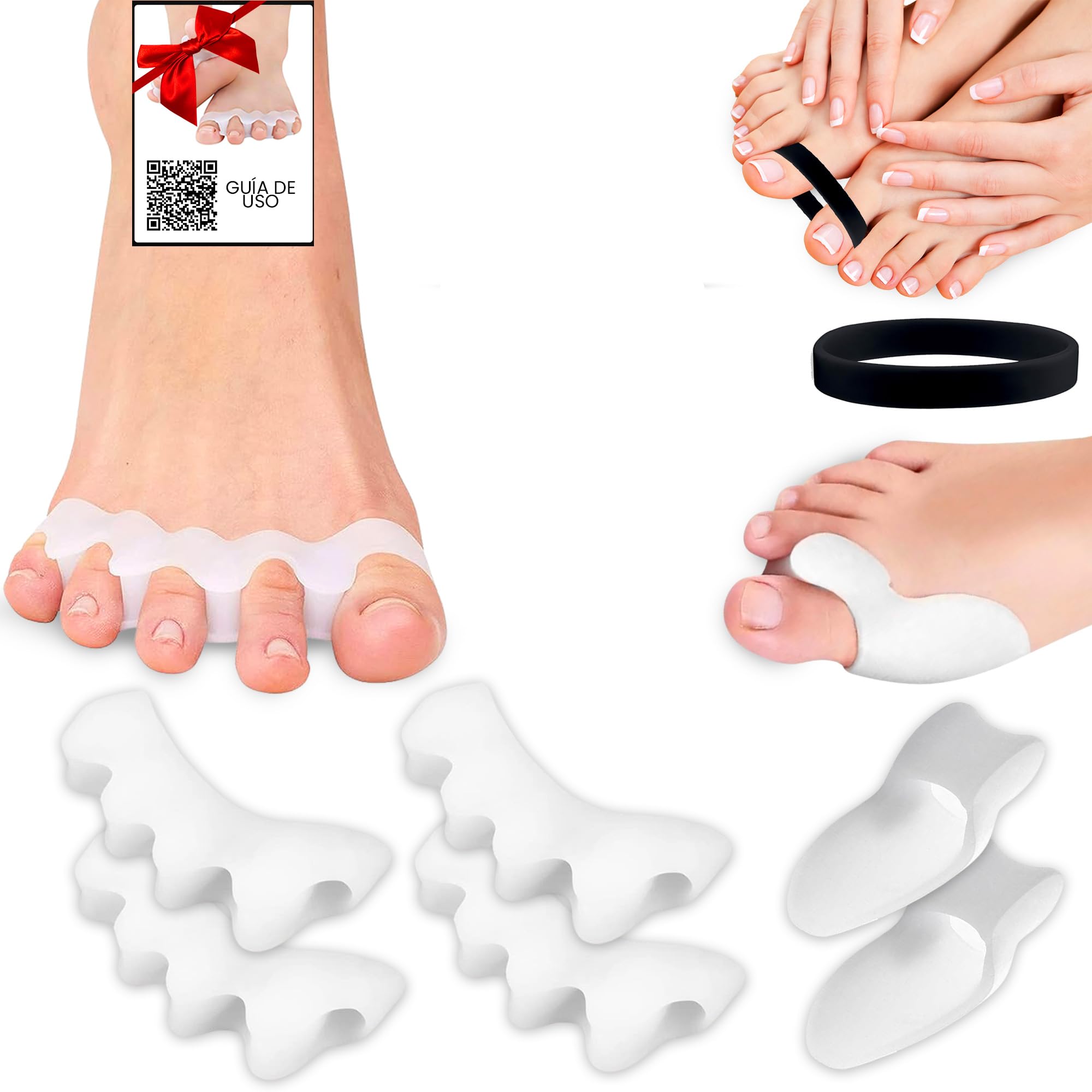 Separador de Dedos del Pie Pack de 2 Pares (4x), 2 Correctores de Juanetes y 1 Banda anti Juanete - Separadores de Silicona Suave para los Dedos de los Pies - Corrector de Gel para Dedos de los Pies