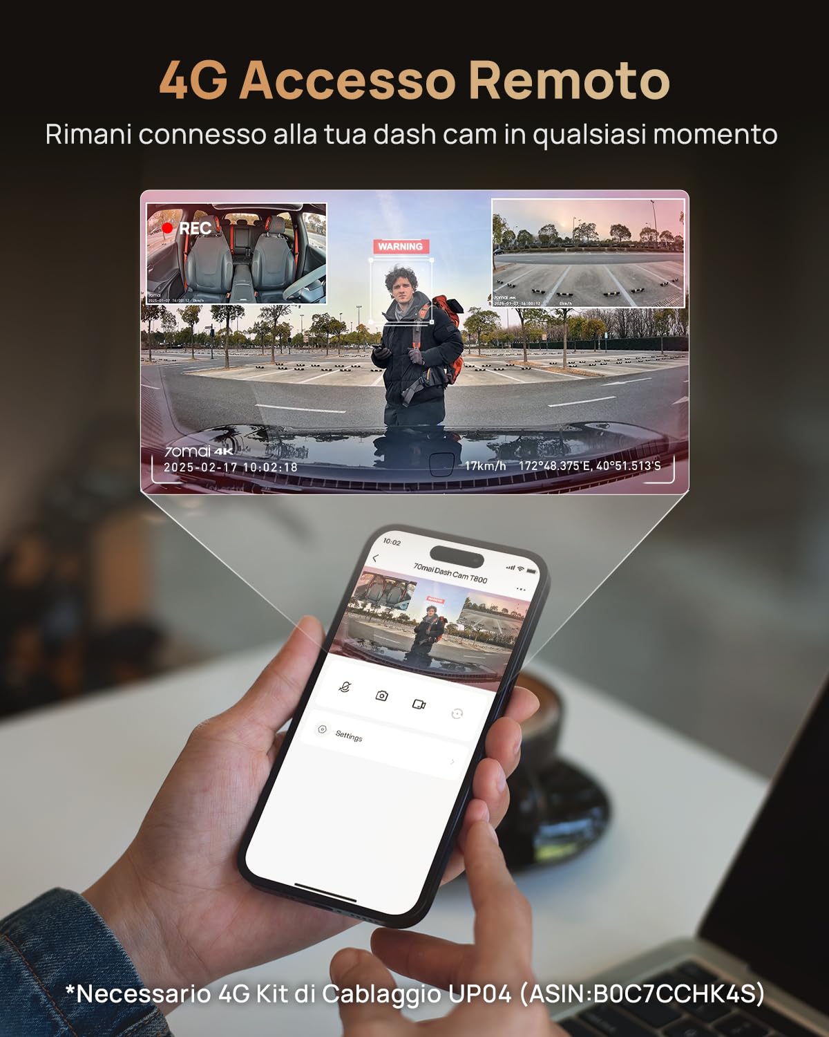 70mai Dash Cam 4K T800 3 Canali Dual 4K+1080P — immagine 12 di 16