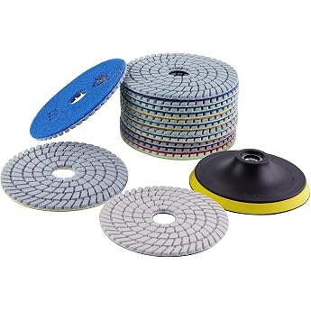 ZFE 14 Pieces 125 mm Wet Diamond Grinding Disc Polishing Set for Granite Stone Concrete Marble 125 mm Diamond Sanding Pads for Polishers & Angle Grinders Mixed Grit 50# - 6000#. with 1-Piece Backing Plate