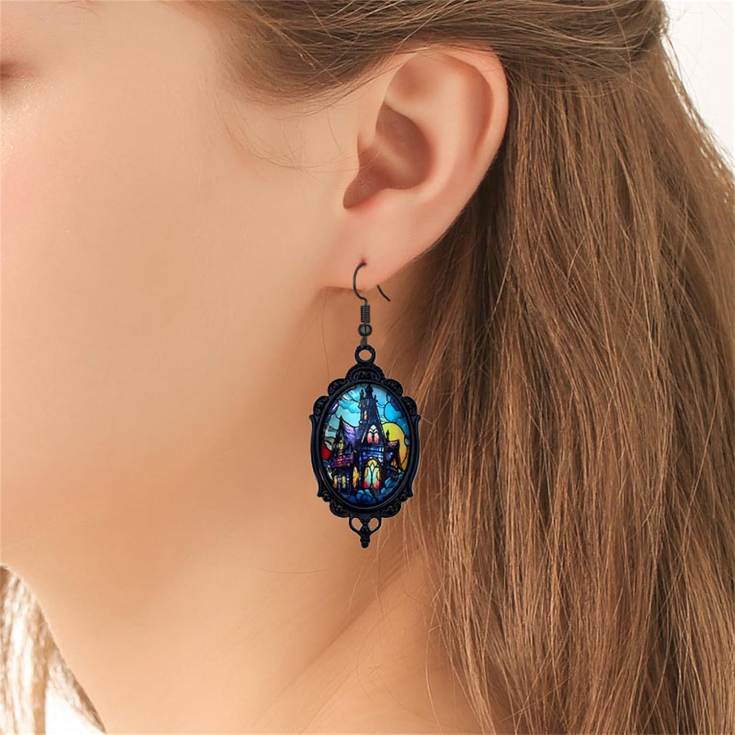 Dreuyet Gothic Castle Cameo Earrings for Women Vintage Crystal Glass Castle Earring Goth Punk Style Mystic Victorian Earrings Halloween Castle Wizard Witch Earring Jewelry - Image 3