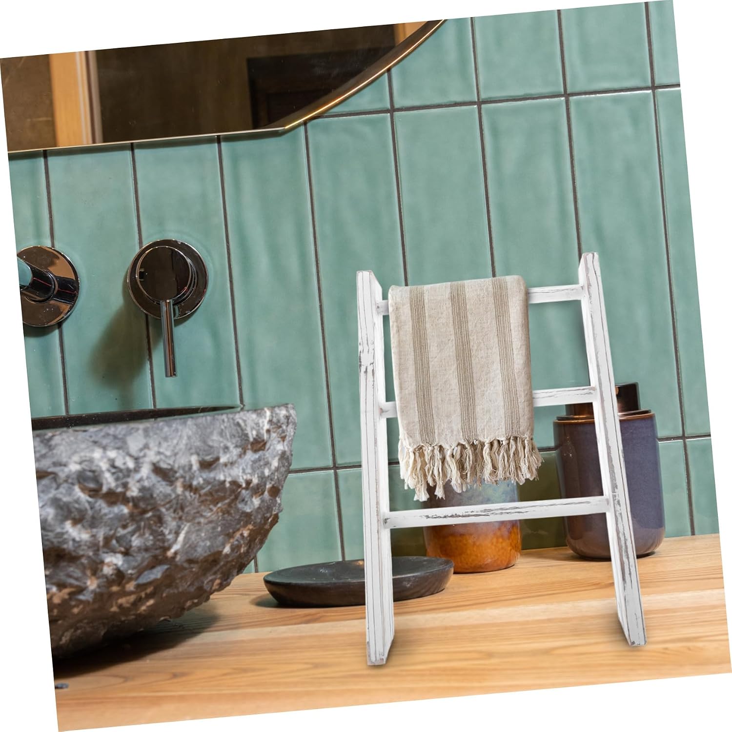 Mini Ladder Towel Rack Holder White Wooden Farmhouse Bathroom Decor image 4