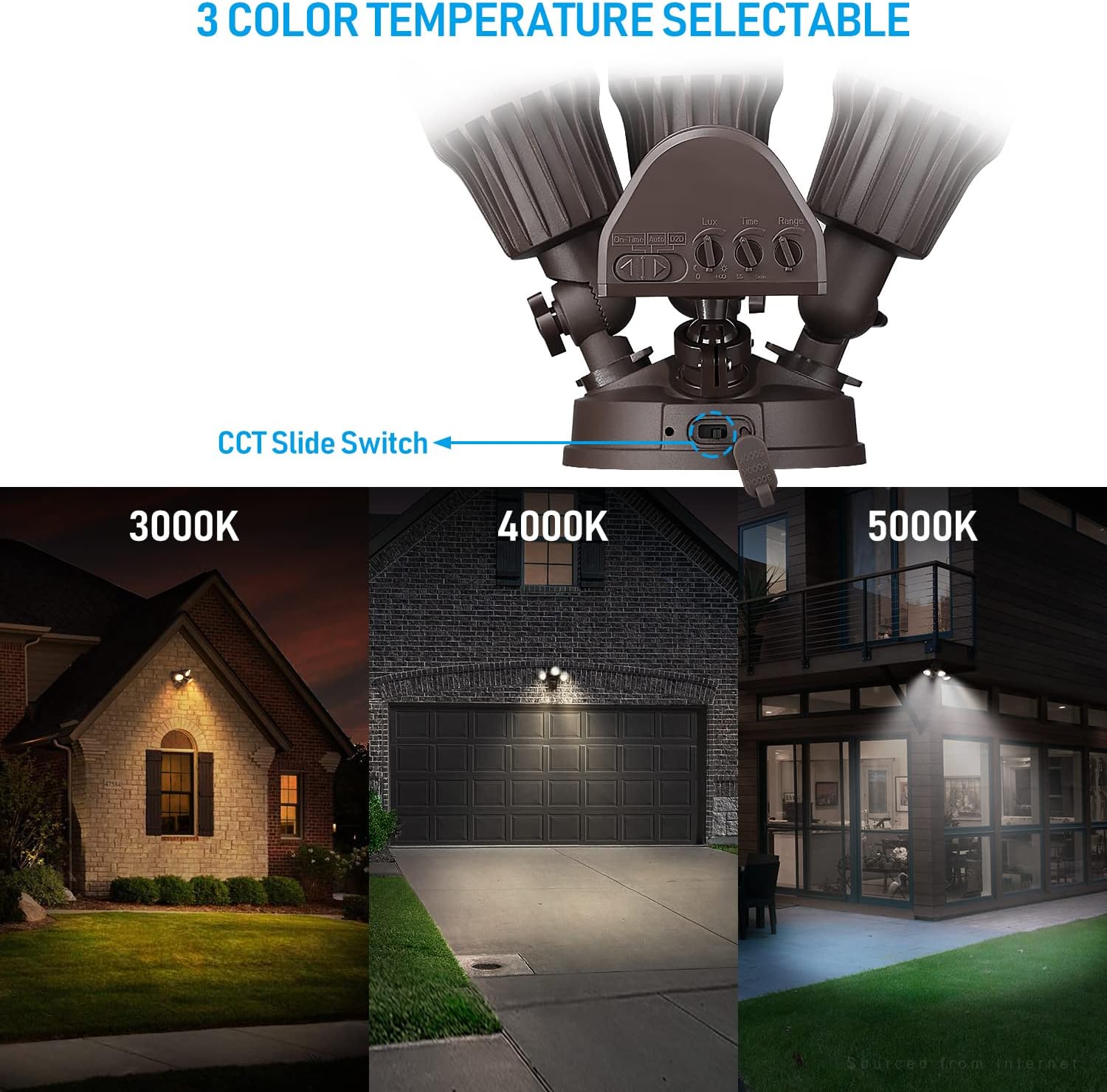 LEONLITE 3CCT LED Security Light Motion Sensor, Aluminum Flood Lights Outdoor, 3 Modes Motion Detector+Dusk to Dawn+Switch Control, 3000K/4000K/5000K Selectable, IP65, Adjustable 3-Head, ETL, Bronze