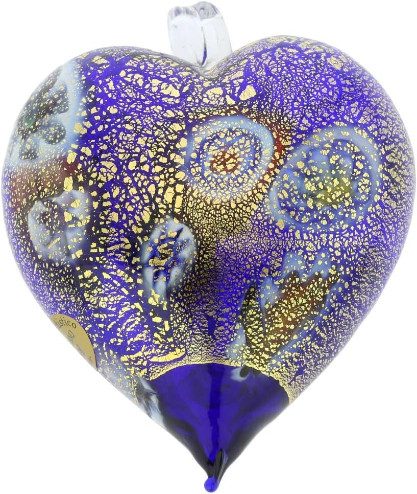 Glass Of Venice Murano Glass Heart Christmas Ornament Millefiori Blue and Gold. Blown Glass Christmas Ornament for Holiday Decor, Italian Handmade