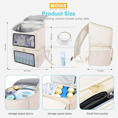 Vista 8 de Wolka Bolsa de extractor de leche con compartimentos aislados,Mochila enfriadora de leche materna para Spectra S1,S2 Medela Gris