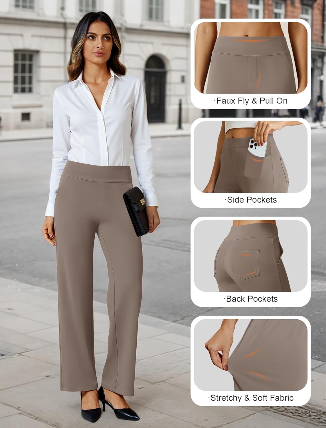 FireSwan Womens Dress Pants Stretchy Wide Leg Work Pants Business Casual Trousers Pull On Office Slacks with 4 Pockets - Image 4
