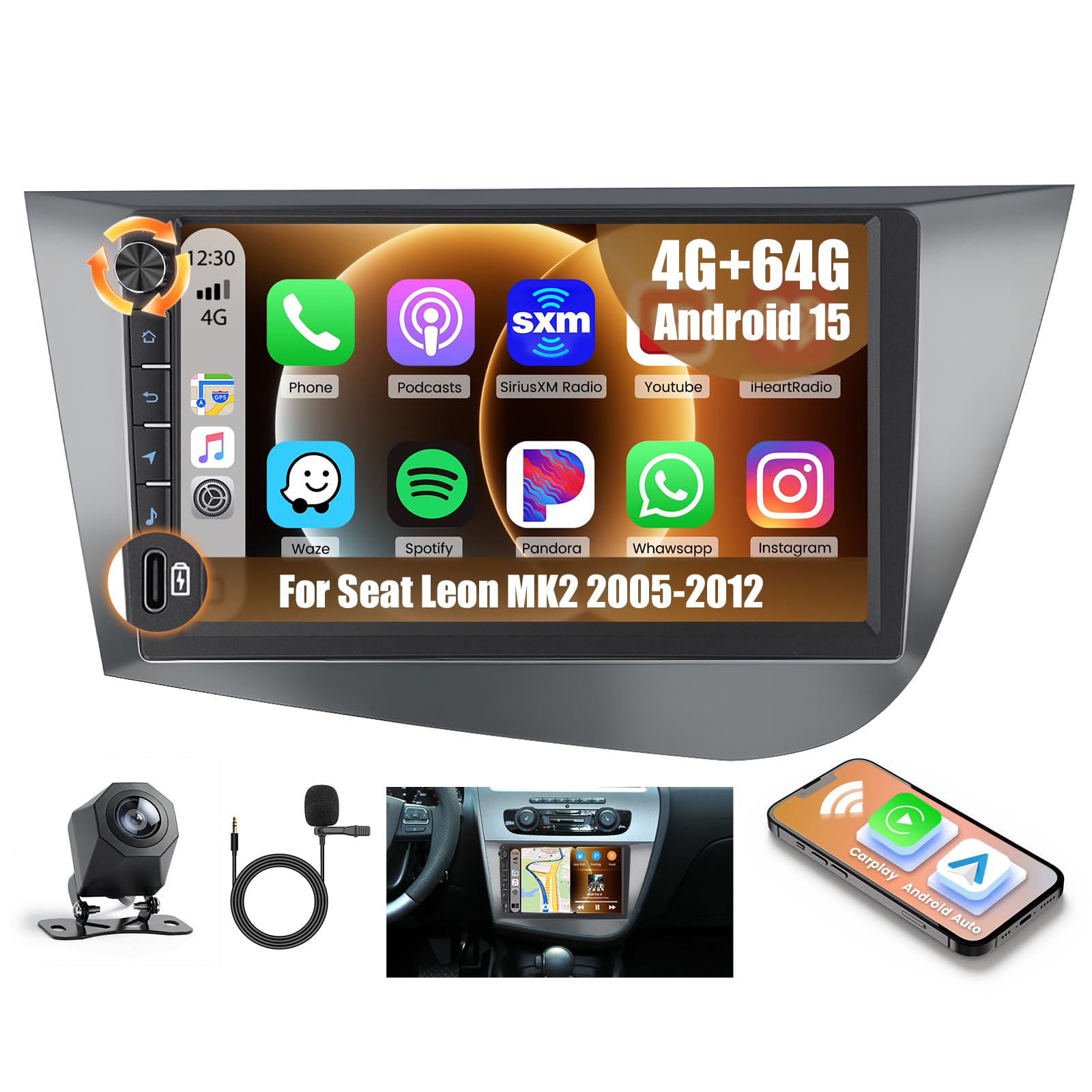 [4G+64G] Inefala Android 15 Radio Coche para Seat Leon MK2 2005-2012 con Wireless Carplay Android Auto, 9" Pantalla Autoradio con GPS WiFi RDS/FM Bluetooth EQ SWC Cámara Trasera Mic