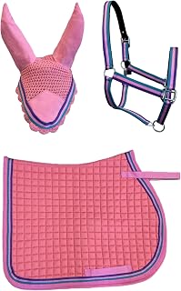 Pony Quilted English All Purpose Saddle Pad, Halter and Ear Bonnet with Stripe Tape Accent